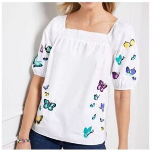 Talbots Top Womens plus Size 2X Embroidered Poplin cotton Scattered Butterfly